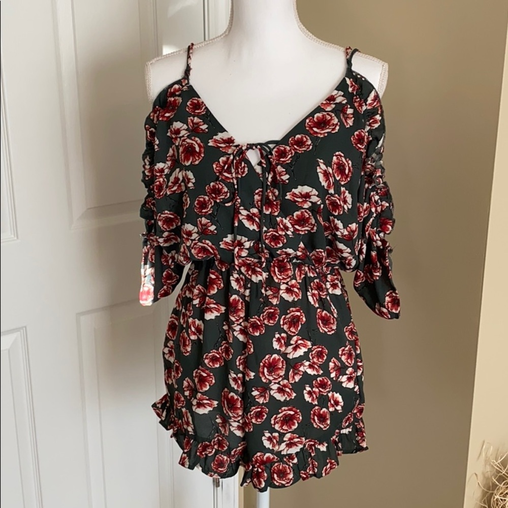 Rose Romper with Ruffles Off-Shoulder, Small Cottagecore - Picture 13 of 15